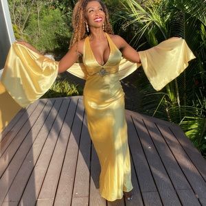 Bridal, wedding prom, formal, Women’s Yellow Satin Dress with scarf small